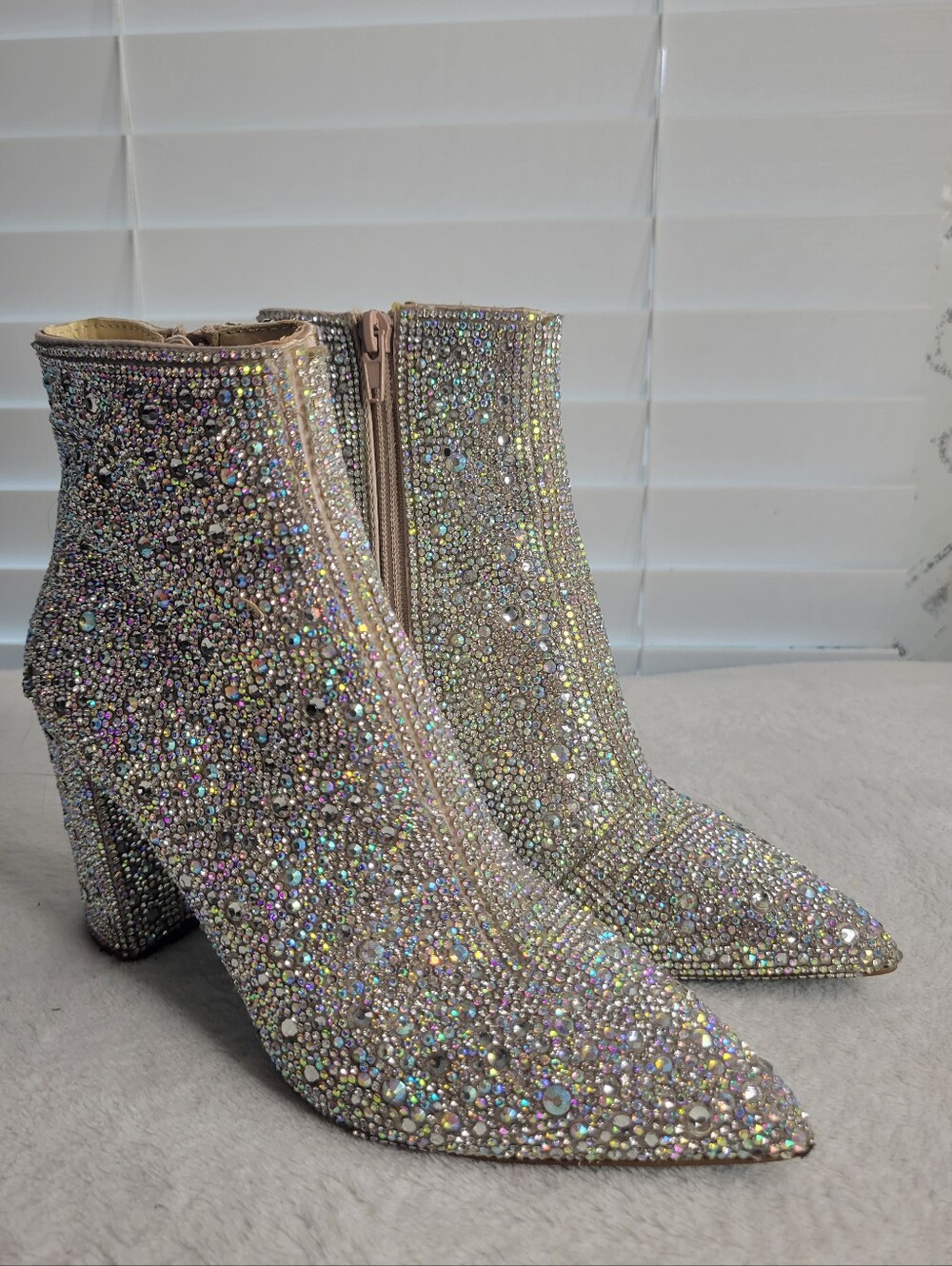 Betsey Johnson Block Chunky Heel Boot Rhinestone Silver Sparkling Cady Ankle 5.5